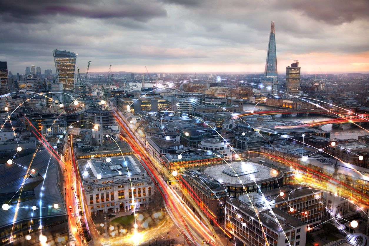 City skyline at dusk from above